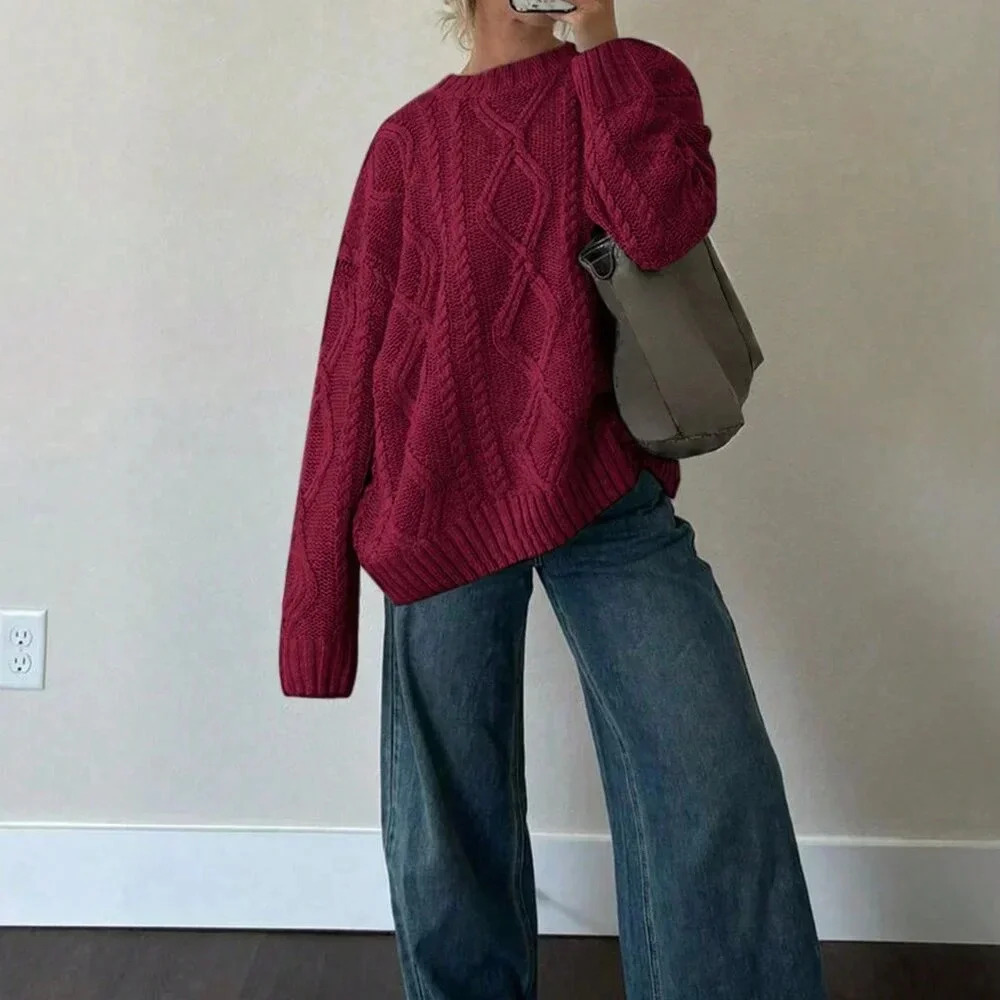Burgundy Casual Women's Round Neck Cable Knit Long Sleeve Sweater